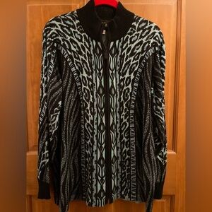 2 lovely Bob Mackie sweaters. Slimming style, striking design. Zip front